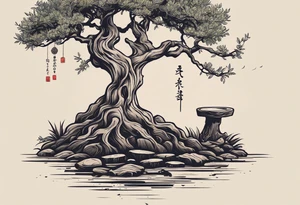 And olive tree with exposed roots, writing out “patience” in Korean, next to a tree stump with exposed rings, and a small Poppy flower growing out of the ground tattoo idea