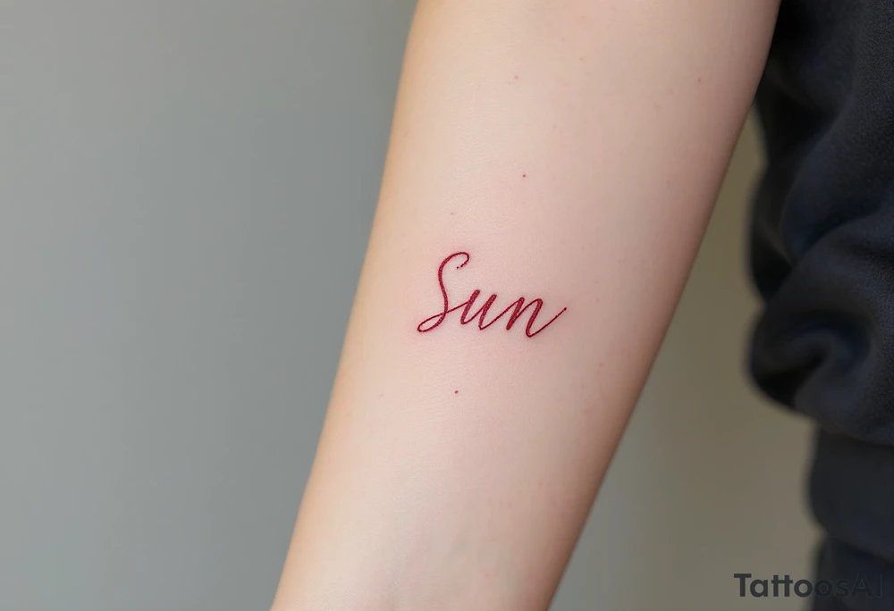 Word "Sun" written vertical with small sunflower in pink tattoo idea