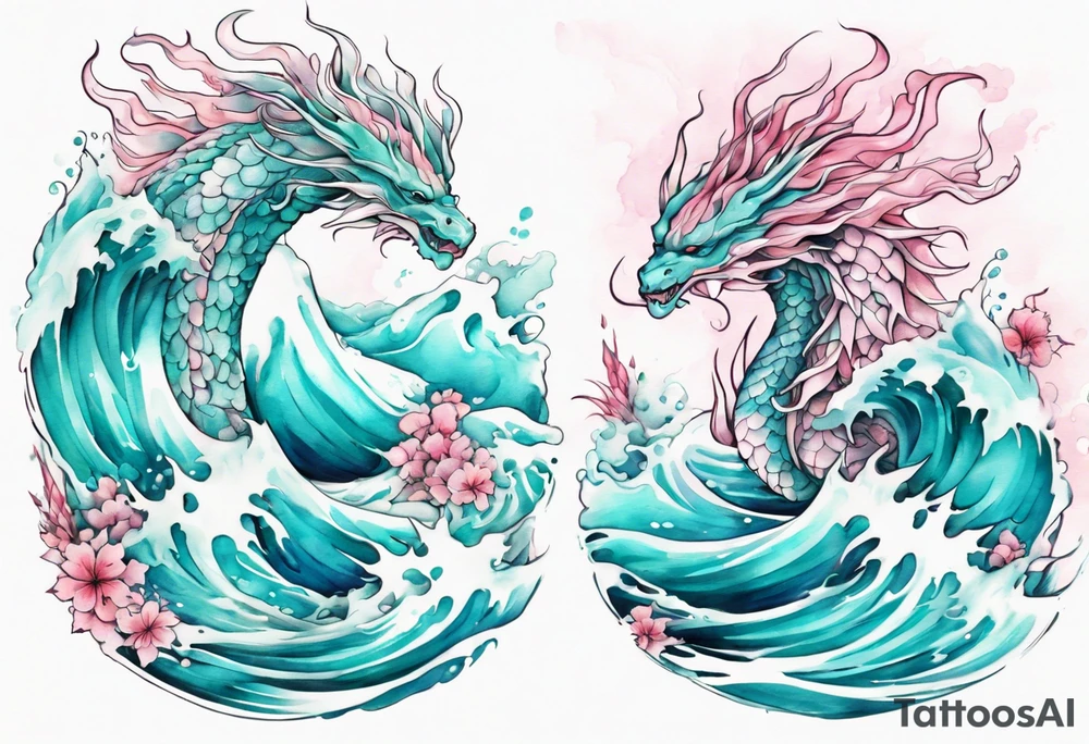 a beautiful turquoise pink and white sea  Drakaina rising from the waves of the ocean tattoo idea