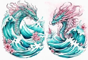 a beautiful turquoise pink and white sea  Drakaina rising from the waves of the ocean tattoo idea