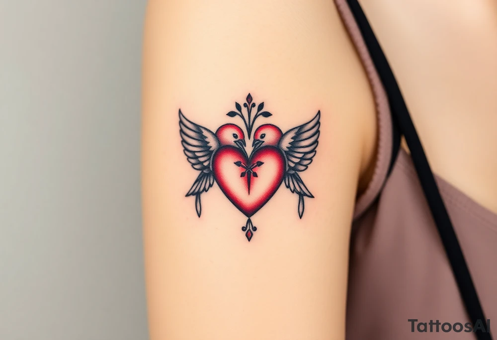 dainty sacred heart with two birds tattoo idea