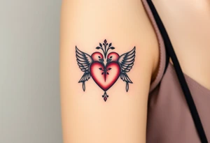 dainty sacred heart with two birds tattoo idea
