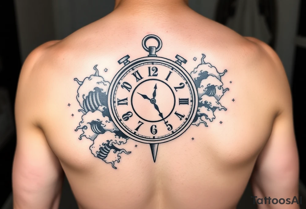 Nautical theme clock surrounded by waves tattoo idea
