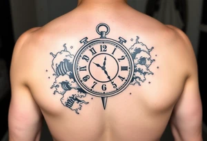 Nautical theme clock surrounded by waves tattoo idea
