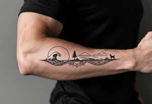 Fine line powerful ocean half sleeve with a wave, a whale, a Joshua tree, and a dog as separate elements with geometric patterns between them tattoo idea