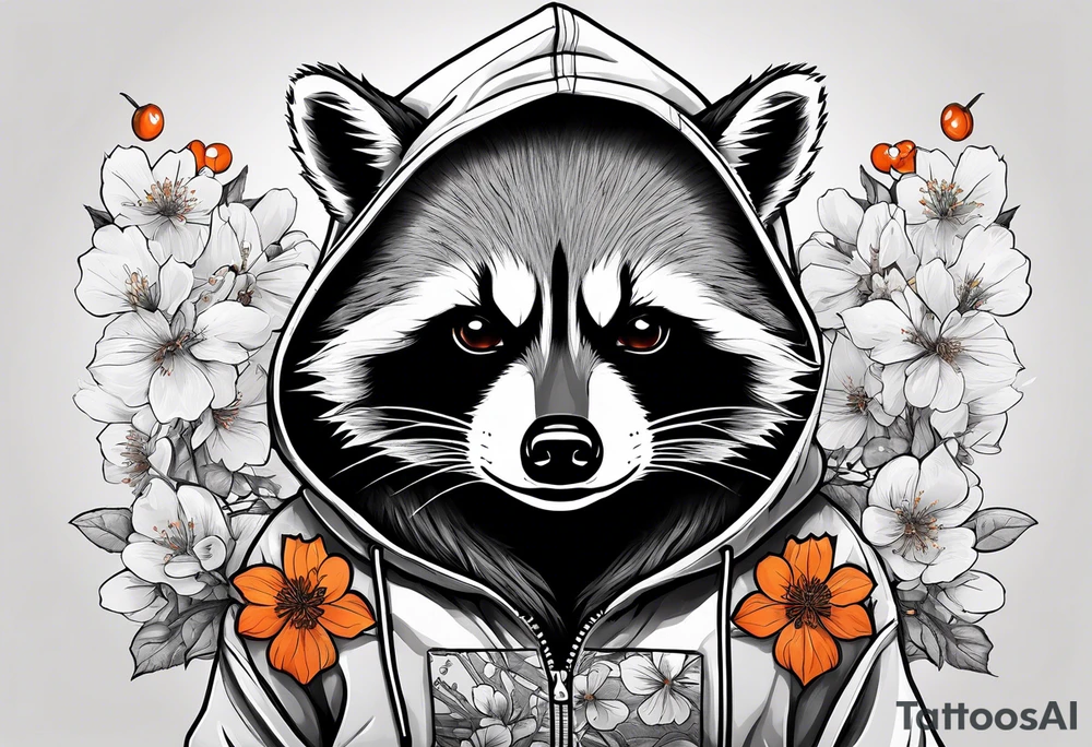 raccoon wearing a black and white Superman hoodie and orange Japanese cherry blossoms tattoo idea