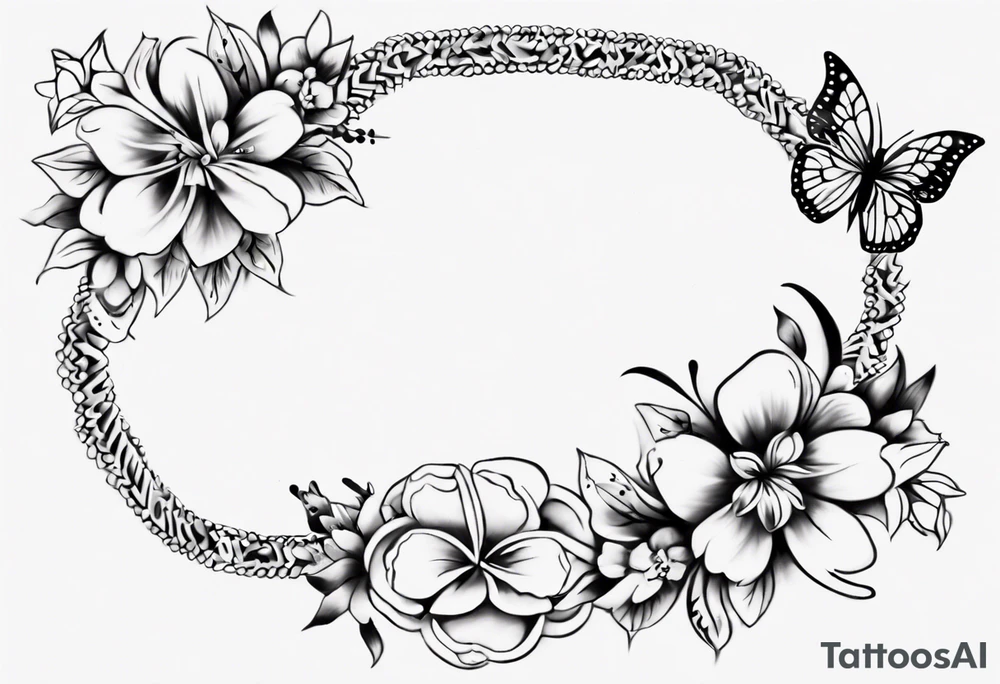 Ankle bracelet tattoo with flowers and butterflies and larger in the centre tattoo idea