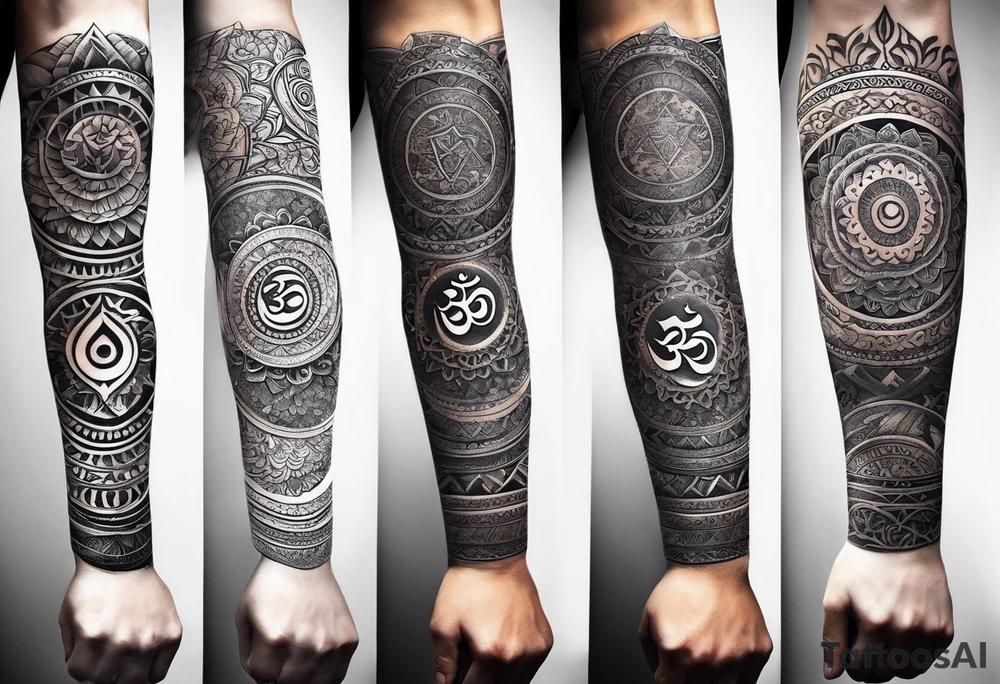 Forearm sleeve tattoo based around Sanskrit Om symbol tattoo idea