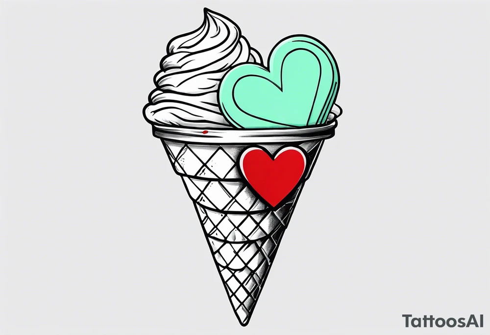 simple mint chocolate chip ice cream cone with small red heart on it somewhere. tattoo idea