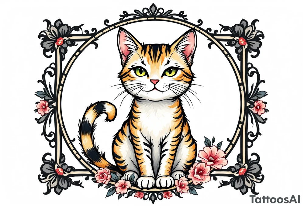 Neo traditional cat in an ornate frame tattoo idea