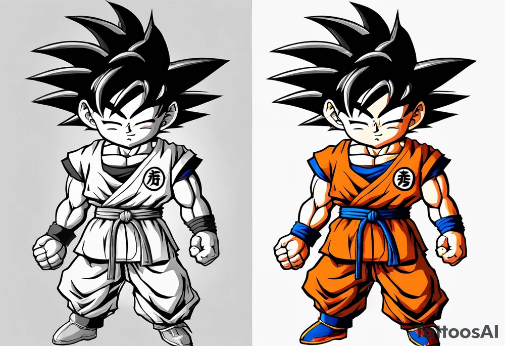 little Son-Goku in the foreground and an older version of him as a super sayin behind him tattoo idea