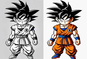 little Son-Goku in the foreground and an older version of him as a super sayin behind him tattoo idea