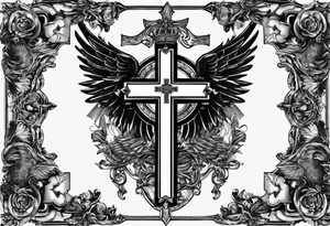 Writing: "In Omina Paratus" with a damaged cross in the middle and angels on both sides one with a glock and one with an AK47 tattoo idea