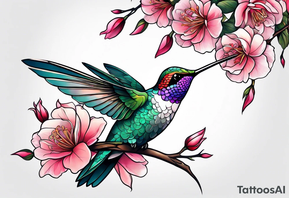 Hummingbird on sakura branche with piony rose tattoo idea