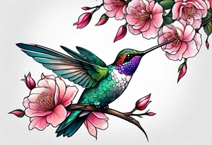 Hummingbird on sakura branche with piony rose tattoo idea