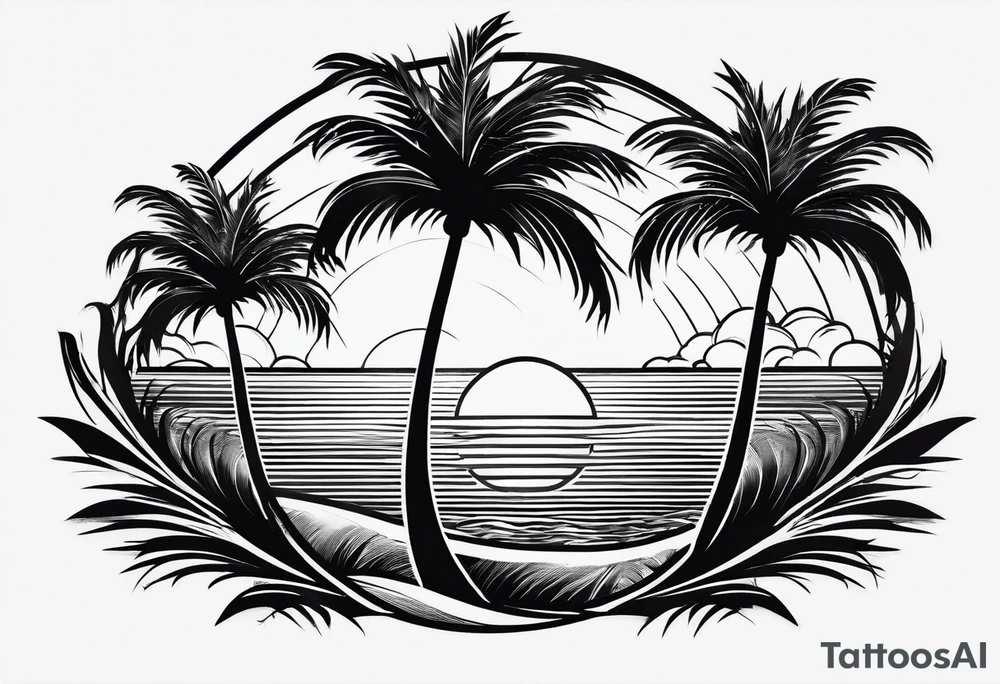 palm tree front of a sun and waves, not too fancy tattoo idea