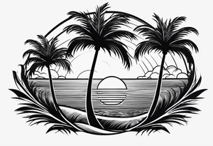 palm tree front of a sun and waves, not too fancy tattoo idea