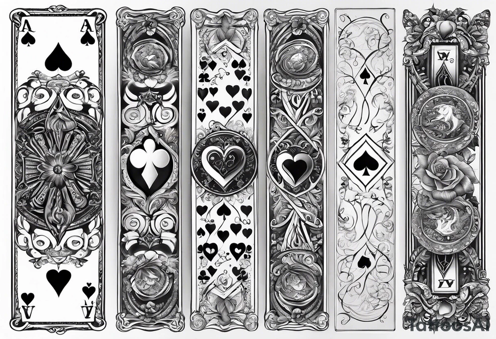 Forearm sleeve tattoo with playing cards and hearts tattoo idea