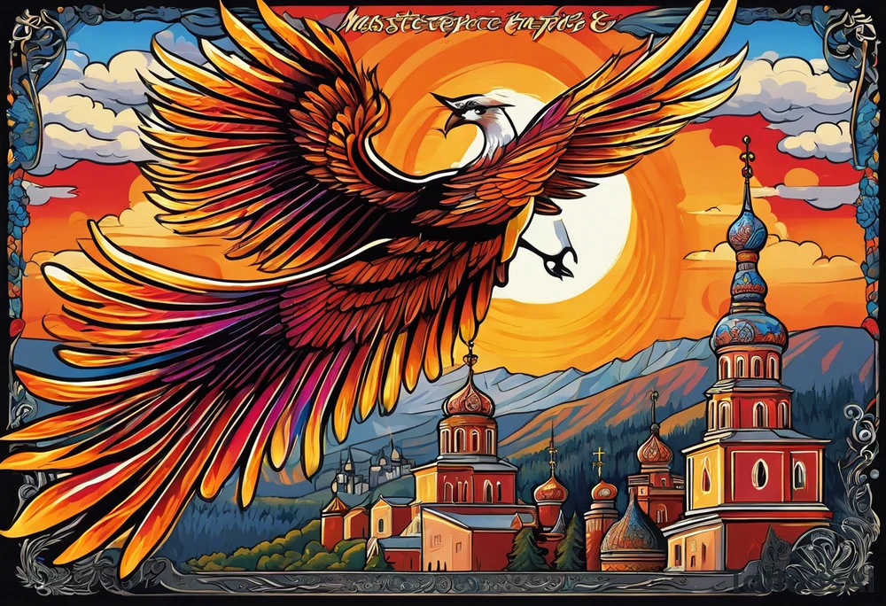 russian firebird in-flight with long fancy tail and 3 small onion cap monastery towers in background, with "Isaiah 43: 18-19" tattoo idea