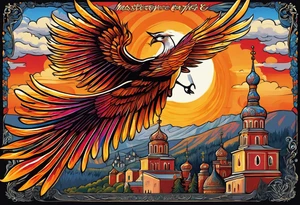 russian firebird in-flight with long fancy tail and 3 small onion cap monastery towers in background, with "Isaiah 43: 18-19" tattoo idea