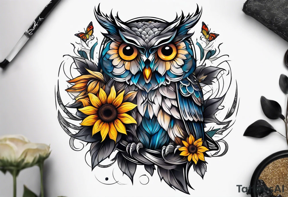 Sleeve with a owl sunflower and butterfly tattoo idea