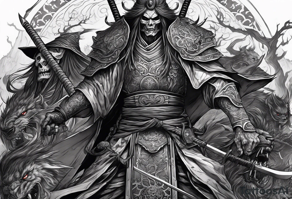 Undead elder lich necromancer standing on the bodies of dead samurai warriors on a battlefield tattoo idea