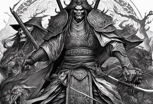 Undead elder lich necromancer standing on the bodies of dead samurai warriors on a battlefield tattoo idea