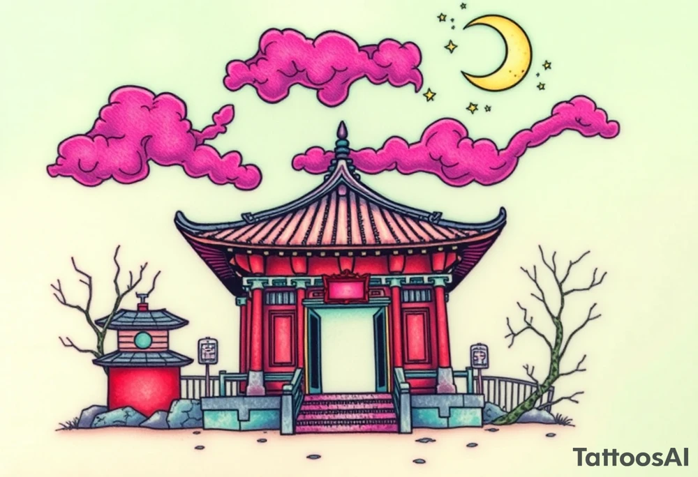 Tim Burton’s haunted pastel Tokyo shrine is abandoned and dripping with muted reds, dusty pinks, and eerie green glow.purple and cyan smokey clouds swirl in the crescent moonlit sky thats sprinkled with stars tattoo idea tattoo idea