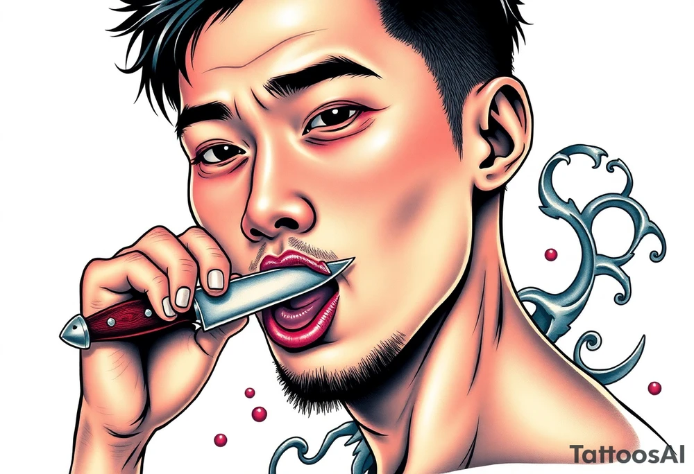 Handsome Asian young guy is licking a ritual knife tattoo idea