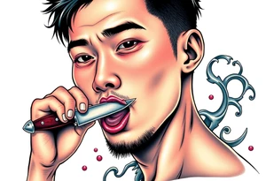 Handsome Asian young guy is licking a ritual knife tattoo idea