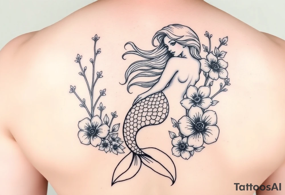 ethereal mermaid with flowing hair among coral and sea flowers tattoo idea