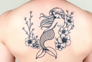 ethereal mermaid with flowing hair among coral and sea flowers tattoo idea