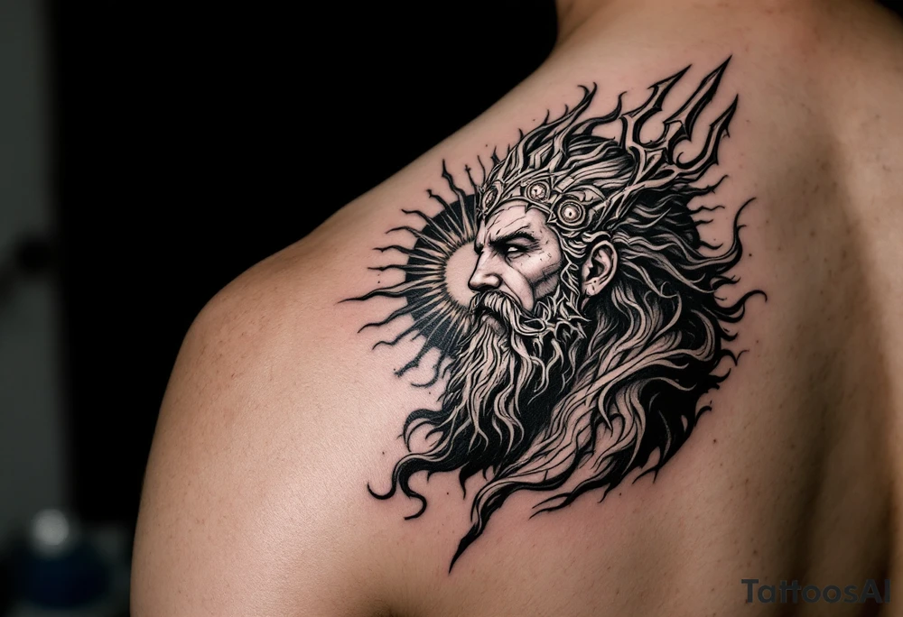poseidon with trident and 3 suns tattoo idea