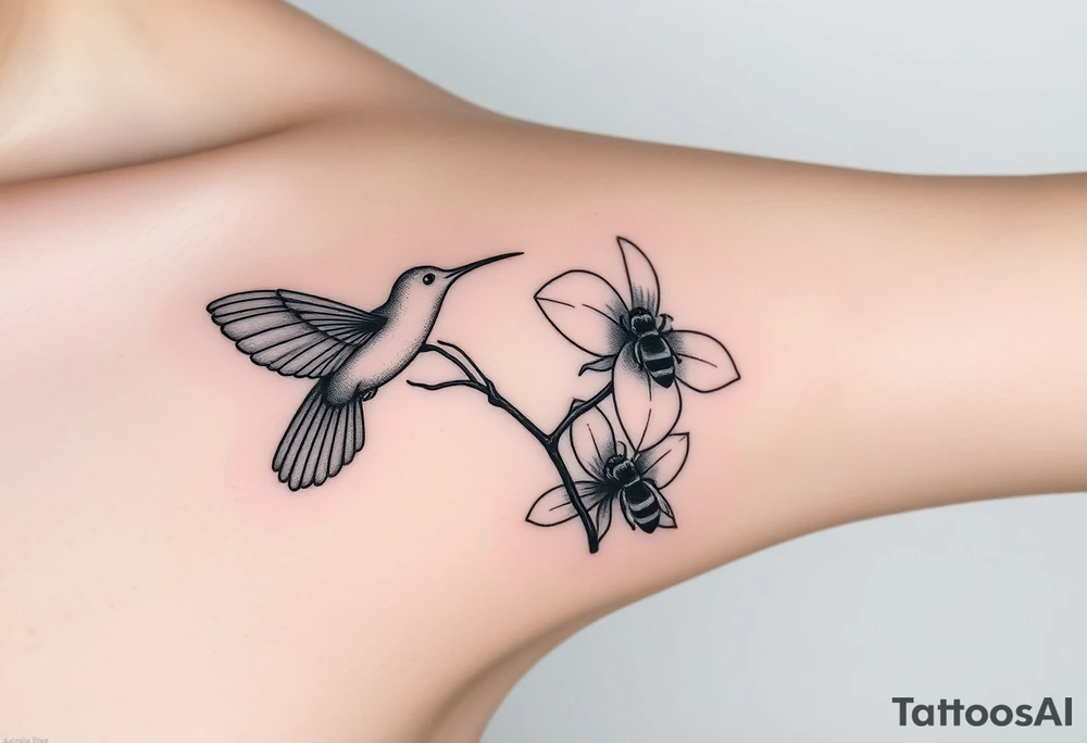 A delicate, black and white fine-line tattoo for male, featuring gracefully detailed 2 orchids in full bloom including their stems, with soft, intricate petals and elegant curves. Beside it, a hummingbird hovers mid-flight, its wings drawn with subtle motion lines, its slender beak reaching toward the orchid’s center to drink its nectar. on the other flower there is a bee that is resting tattoo idea
