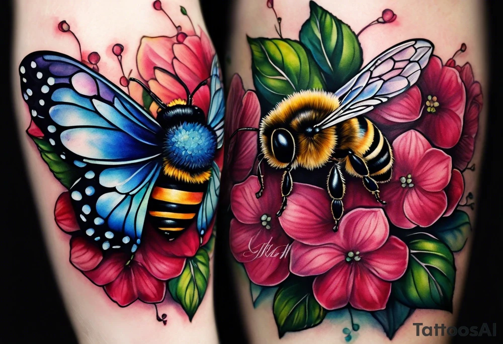 Small tattoo. There’s a hydrangea and a bee but they are not touching. Make the bee smaller than the hydrangea and have the bee off to the side. Bee is smaller than the hydrangea tattoo idea