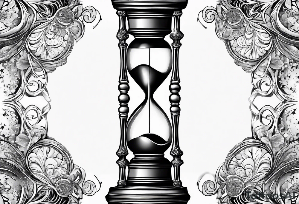ornate hourglass, long, cosmic stardust, masculine, minimalist, tattoo idea