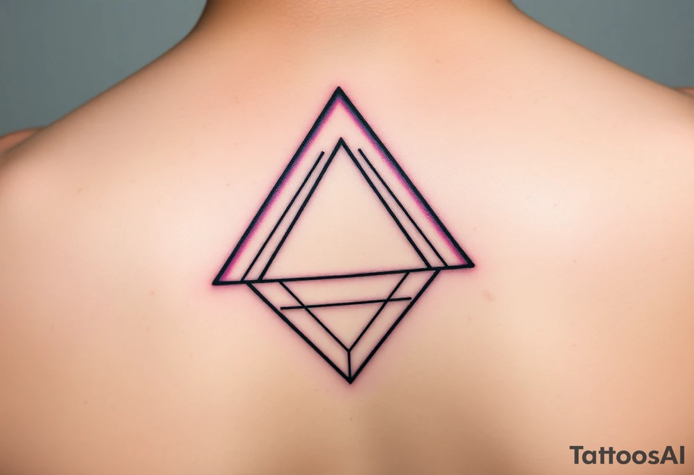 A fine line tattoo design on skin. An impossible Penrose triangle constructed from a faceted diamond cut structure. The facets of the diamond structure contain holographic, iridescent psychedelic gradients of purple, turquoise, and neon pink colors. Minimalist style, precise geometric lines, sacred geometry vibes, micro realism tattoo.
It should be gentle and small on the hand tattoo idea