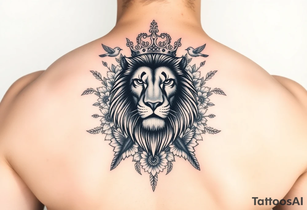 powerful majestic lion with a crown, surrounded by floral ornaments and birds tattoo idea
