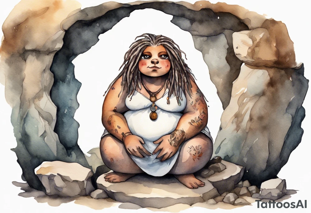 a solitary fat mole woman with large round eyes, covered in short white fur with brown dreadlocks sitting in stone throne in a cave tattoo idea
