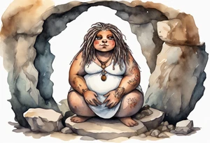 a solitary fat mole woman with large round eyes, covered in short white fur with brown dreadlocks sitting in stone throne in a cave tattoo idea