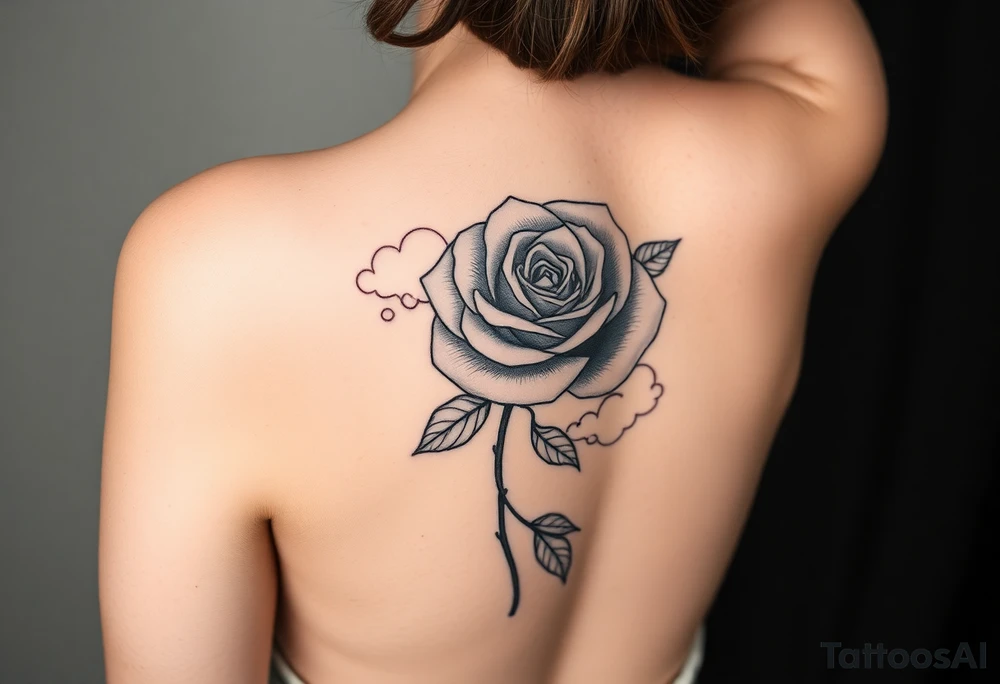 A tattoo on the forearm with a rose that goes around the forearm with space to put clouds red ink with a palm tattoo idea