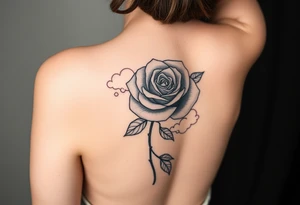 A tattoo on the forearm with a rose that goes around the forearm with space to put clouds red ink with a palm tattoo idea