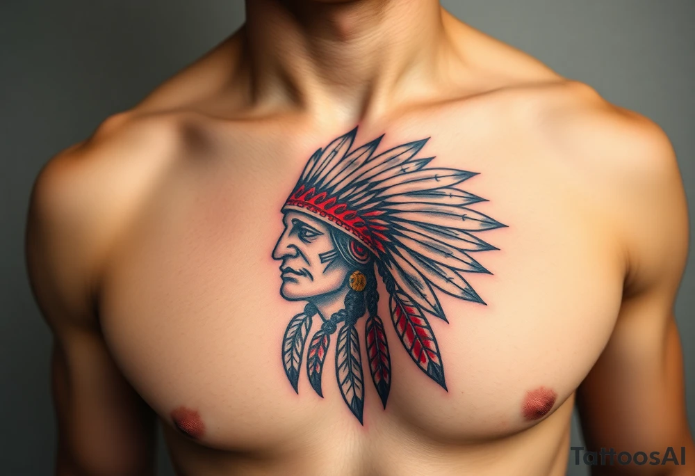 Native American chest in full color male left peck tattoo idea