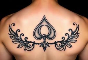 A spade womb tattoo with a Q in the center, with three points around the outside. The first reading, "BLACK". The second reading, "BABY". The third reading, "ONLY". tattoo idea