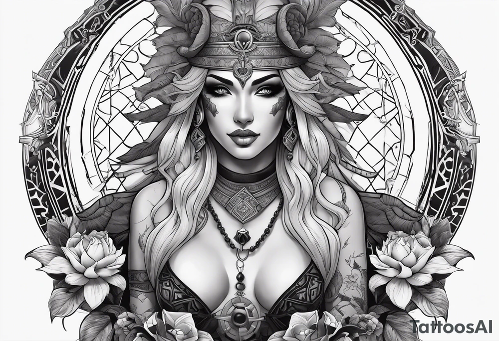 kali ma, alien goddess, valkrye, aries, pirate, divine feminine, zenza resonance, pachamama, lotus azul, blank panther, eagle, skull, 5D, nueva gaya, dna 12, left side chest tatoo tattoo idea