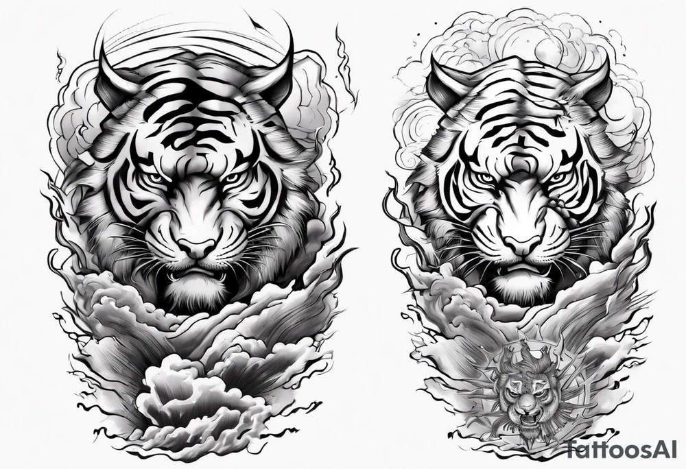 tiger warrior with lightning and the sun for a forearm sleeve tattoo idea