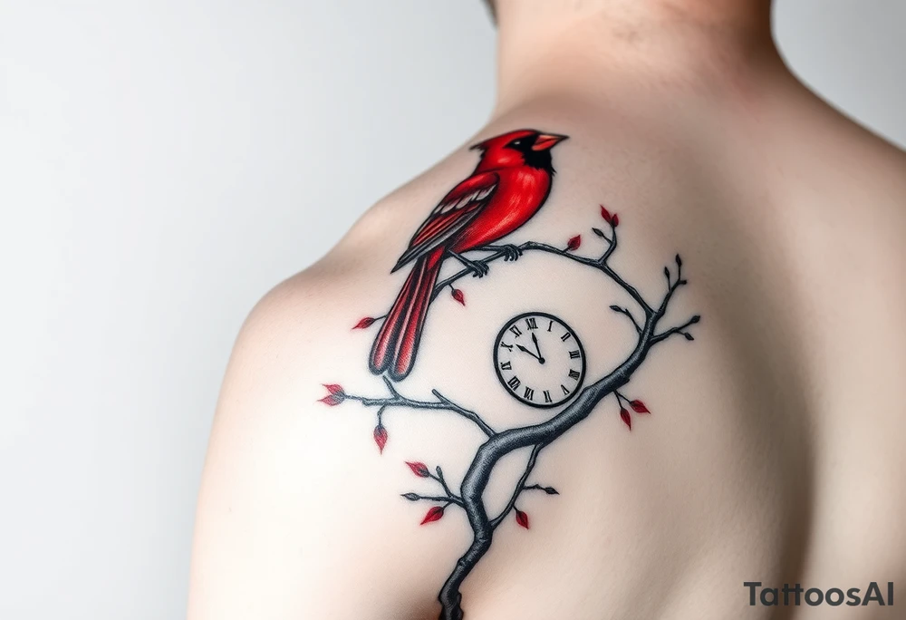 Create an image for a half sleeve tattoo on the right arm of a man.  The tattoo should incorporate a red cardinal bird on a tree branch with a sun and a clock.  It should also incorporate a quote of "Happiness is not by chance but by choice". tattoo idea
