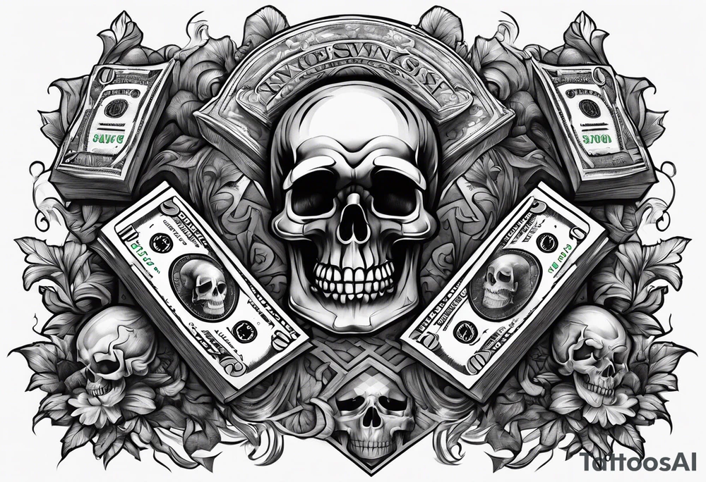 Smoke rising money stacks Savage letters skulls tattoo idea