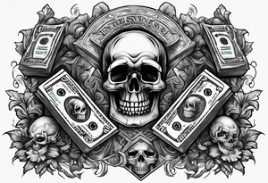 Smoke rising money stacks Savage letters skulls tattoo idea