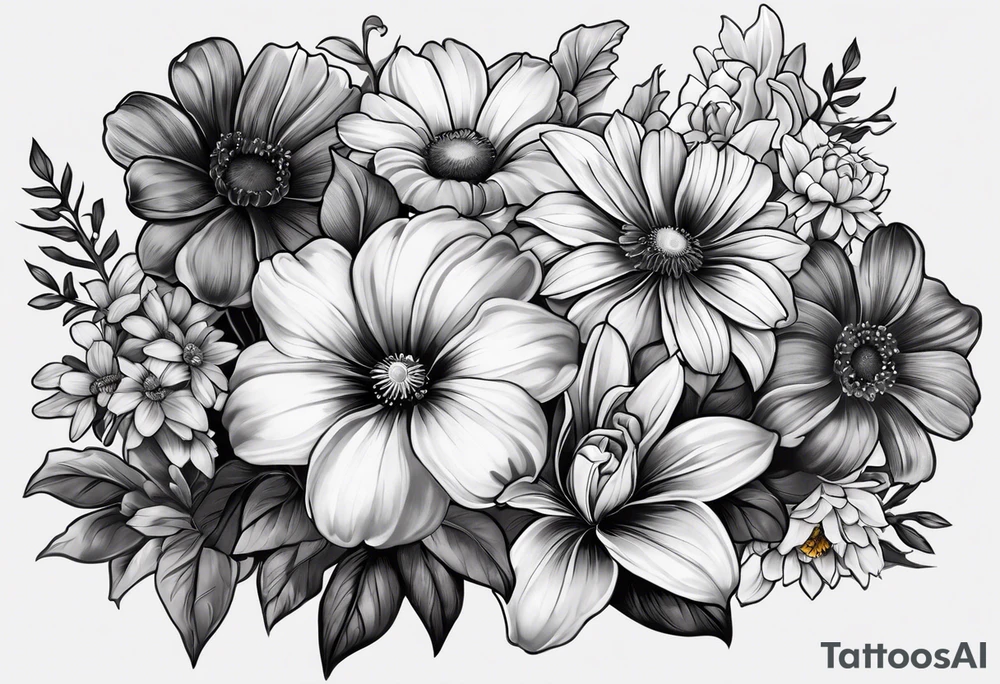 black and gray bunch of flowers that include three violets, one daffodil, five daisies, one rose, one morning glory, two marigolds, one chysanthemum with three of the daisies and the chrysanthemum at the center of the tattoo tattoo idea